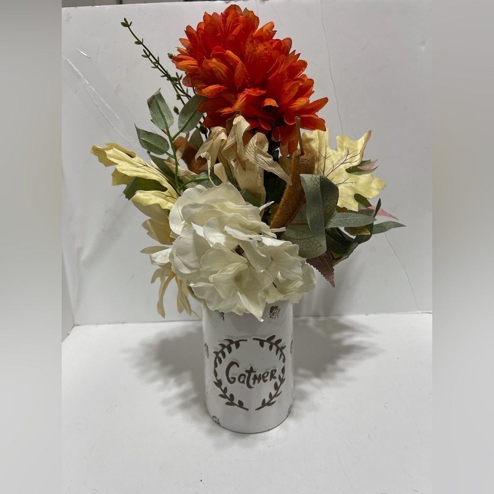 Faux Floral Arrangement with Orange and White Blooms in White Container